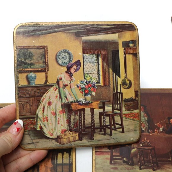 Vintage Win-El-Ware English Large Coasters Victorian Crinoline Pub x 6 with Case - Picture 9 of 14